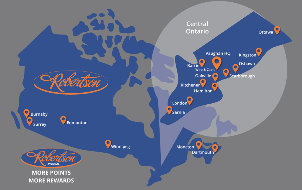 Map showing Robertson Electric locations in Vaughn, Hamilton, Scarborough, Barrie, Kitchener, London, Oshawa, Oakville, Sarnia, Ottawa, Kingston, Winnipeg, Burnaby, Surrey, Edmonton, Moncton, and Dartmouth.