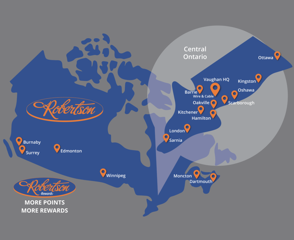 Map showing Robertson Electric locations in Vaughn, Hamilton, Scarborough, Barrie, Kitchener, London, Oshawa, Oakville, Sarnia, Ottawa, Kingston, Winnipeg, Burnaby, Surrey, Edmonton, Moncton, and Dartmouth.